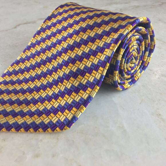 SAZZARA BLUE, PURPLE, GOLD, YELLOW WOVEN SILK NECKTIE - Picture 9 of 10